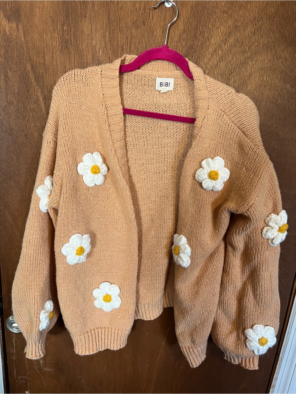 BiBi Peach Knit Cardigan with Daisy Appliqués